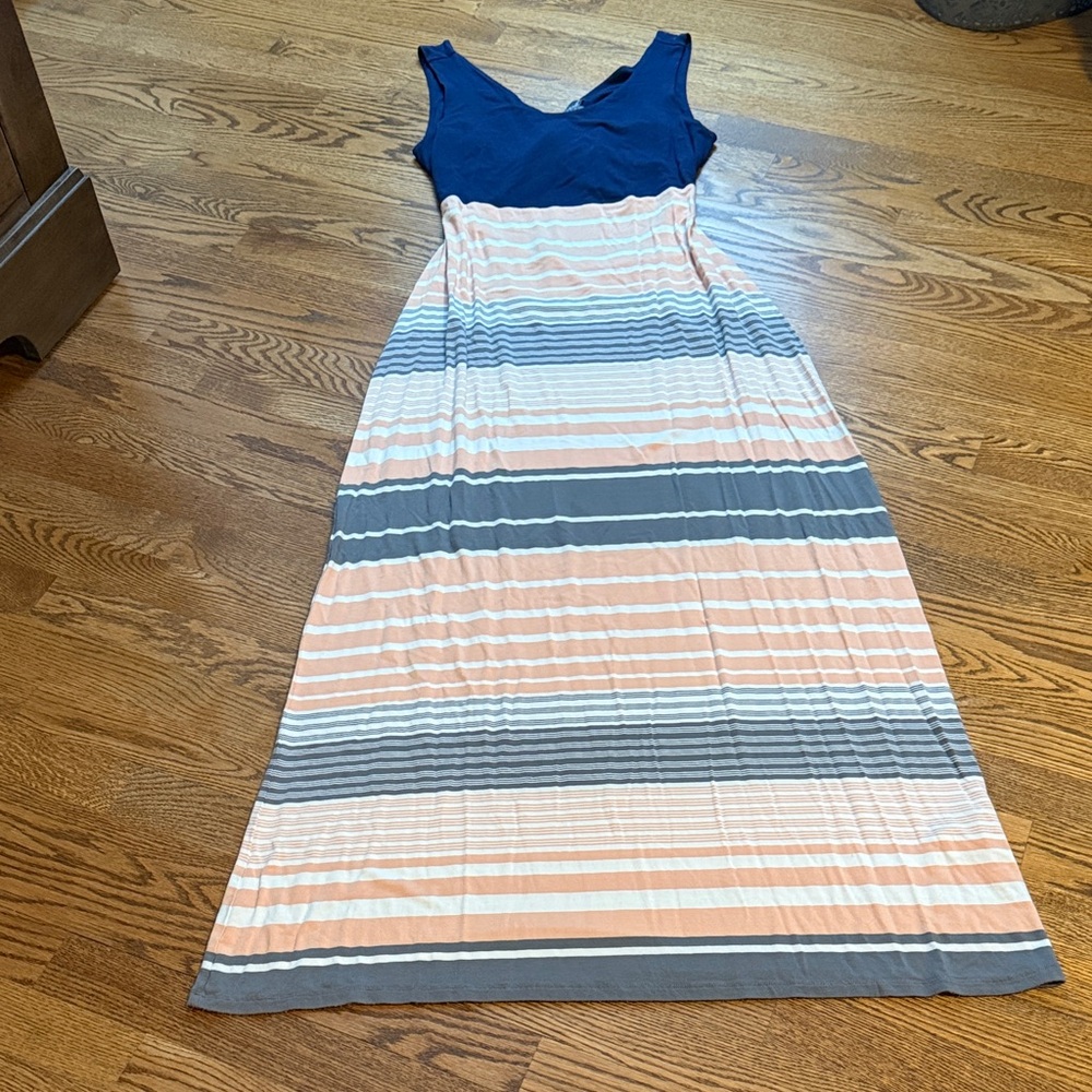 Market & Spruce Striped Grey, Navy Blue and Peach Striped Maxi Dress